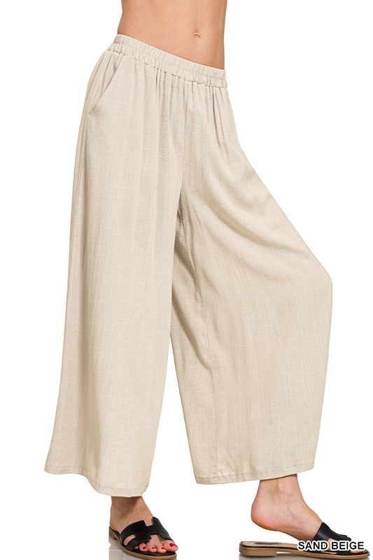 WOVEN ELASTIC BAND PANTS W/POCKETS