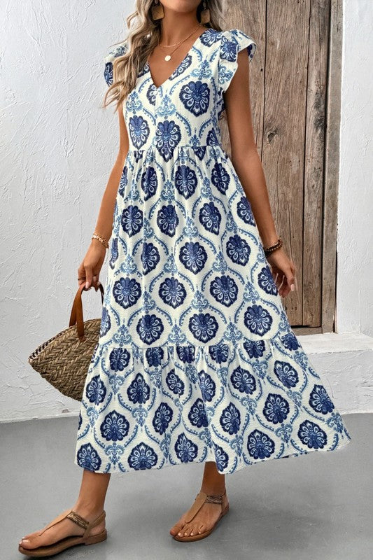 VINTAGE BOHO PRINT RUFFLE SLEEVE MAXI DRESS