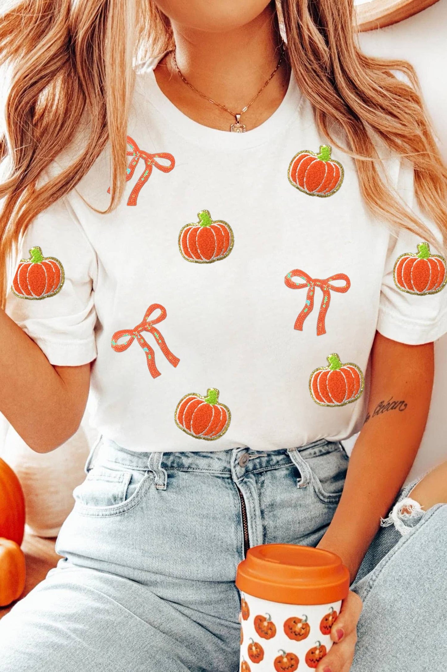 LDC Sequin Chenille Pumpkin Bow Pattern Casual Short T Shirt: White / S