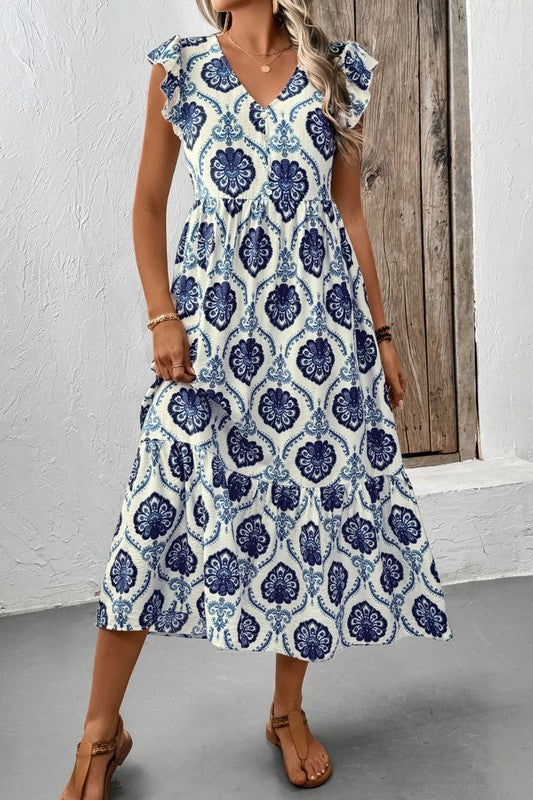 VINTAGE BOHO PRINT RUFFLE SLEEVE MAXI DRESS
