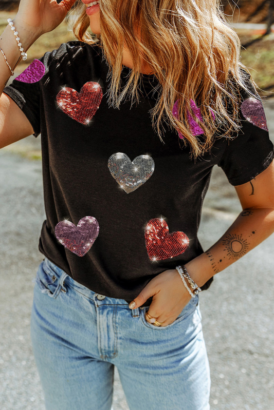 Sequin Heart Patched Pattern Crewneck Valentine's Day Tee: Black /