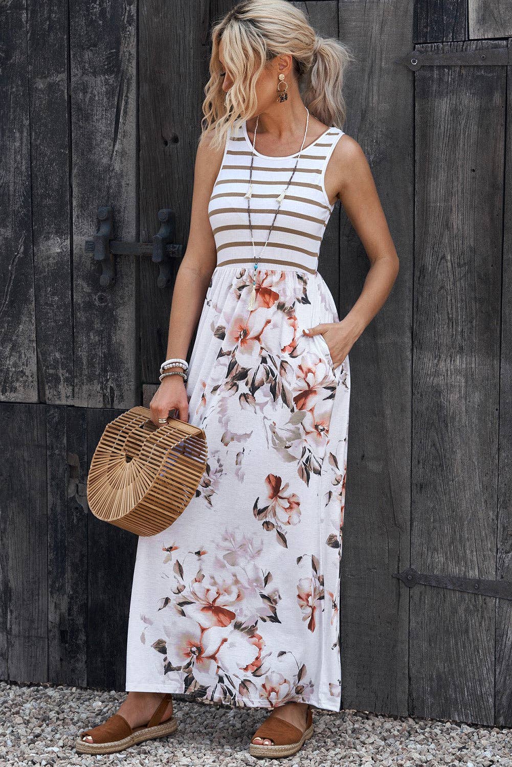 White Striped Floral Print Sleeveless Maxi Dress with Pocket: White / 95%Polyester+5%Elastane / M