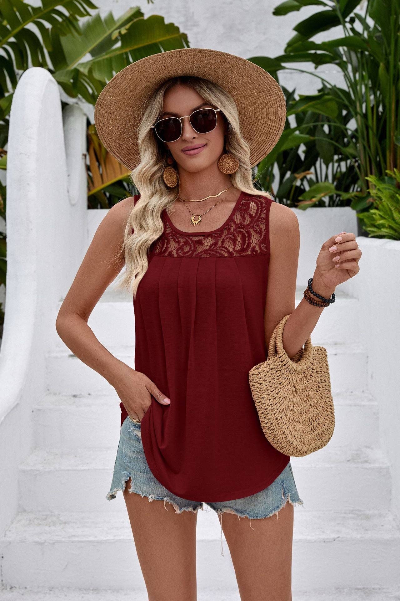 Women’s Lace Pleated Sleeveless Casual Tank Top: Burgundy / 20% Rayon 75% Polyester 5% Spandex /