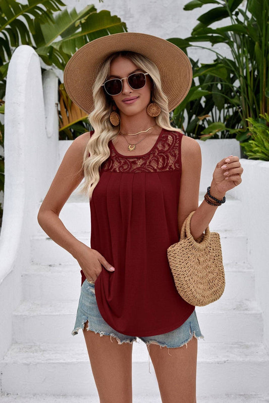 Women’s Lace Pleated Sleeveless Casual Tank Top: Burgundy / 20% Rayon 75% Polyester 5% Spandex /