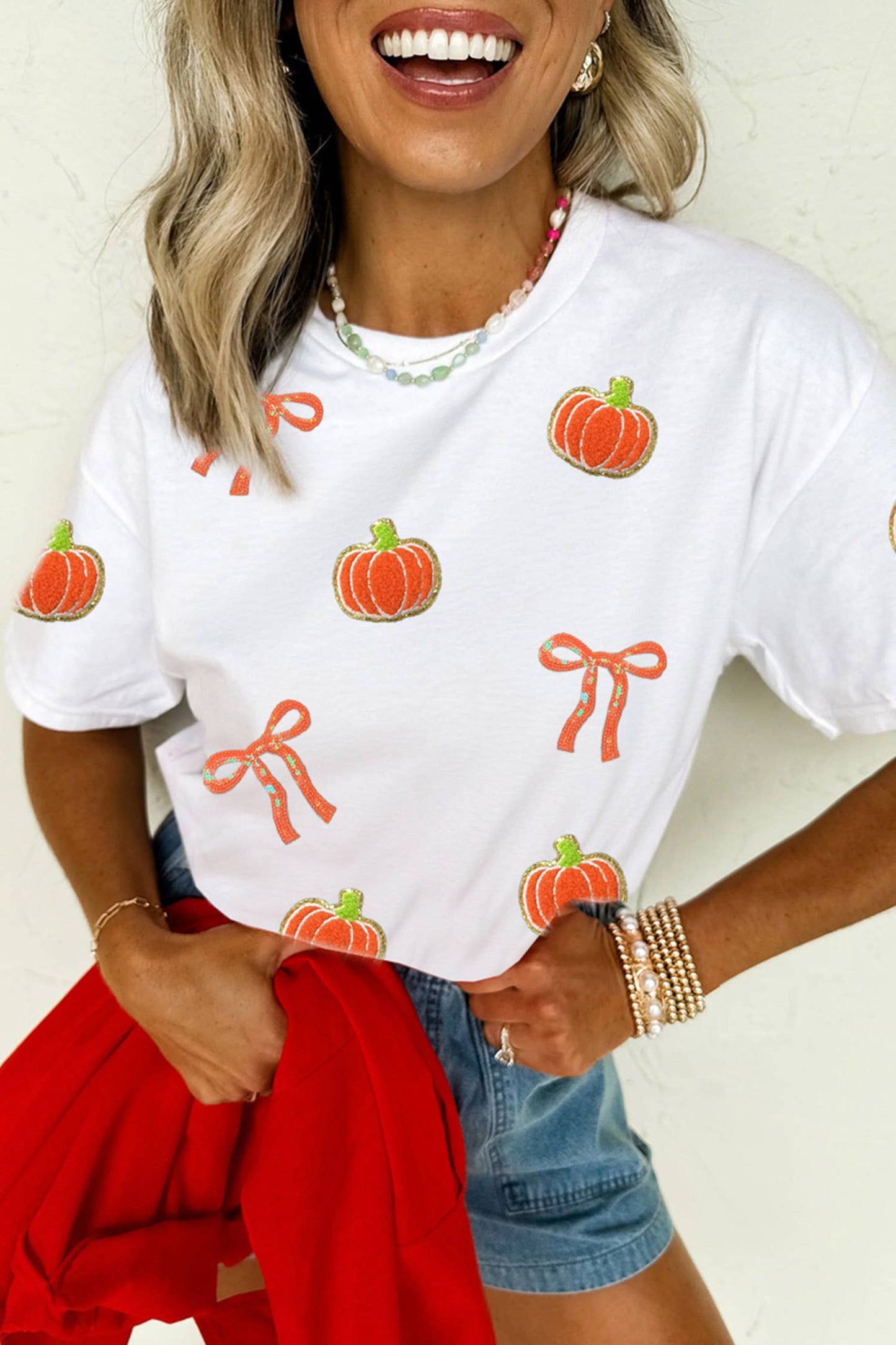 LDC Sequin Chenille Pumpkin Bow Pattern Casual Short T Shirt: White / S