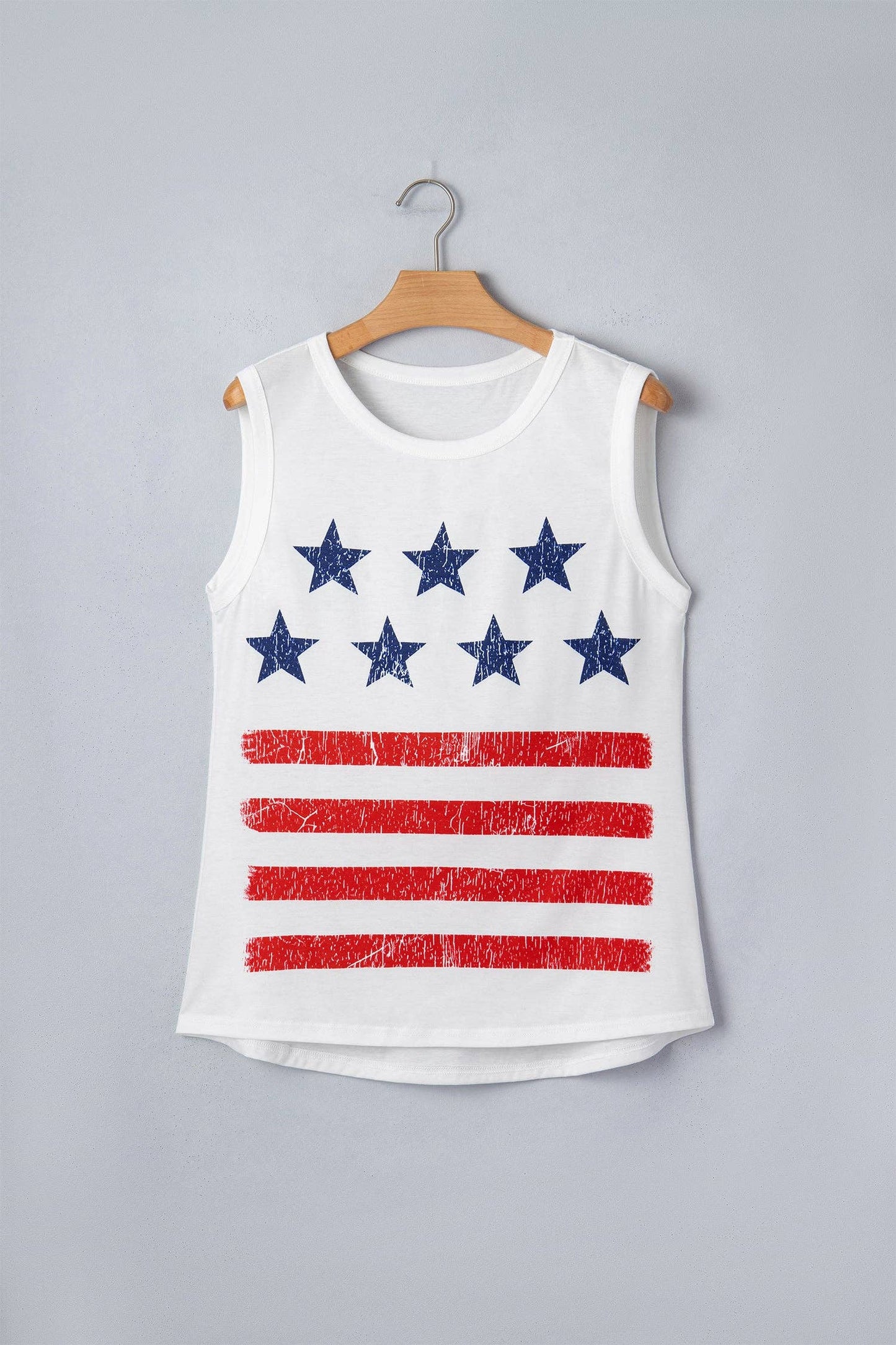 White Vintage Stars and Stripes Printed Casual Tank Top: White / 95%Polyester+5%Elastane /