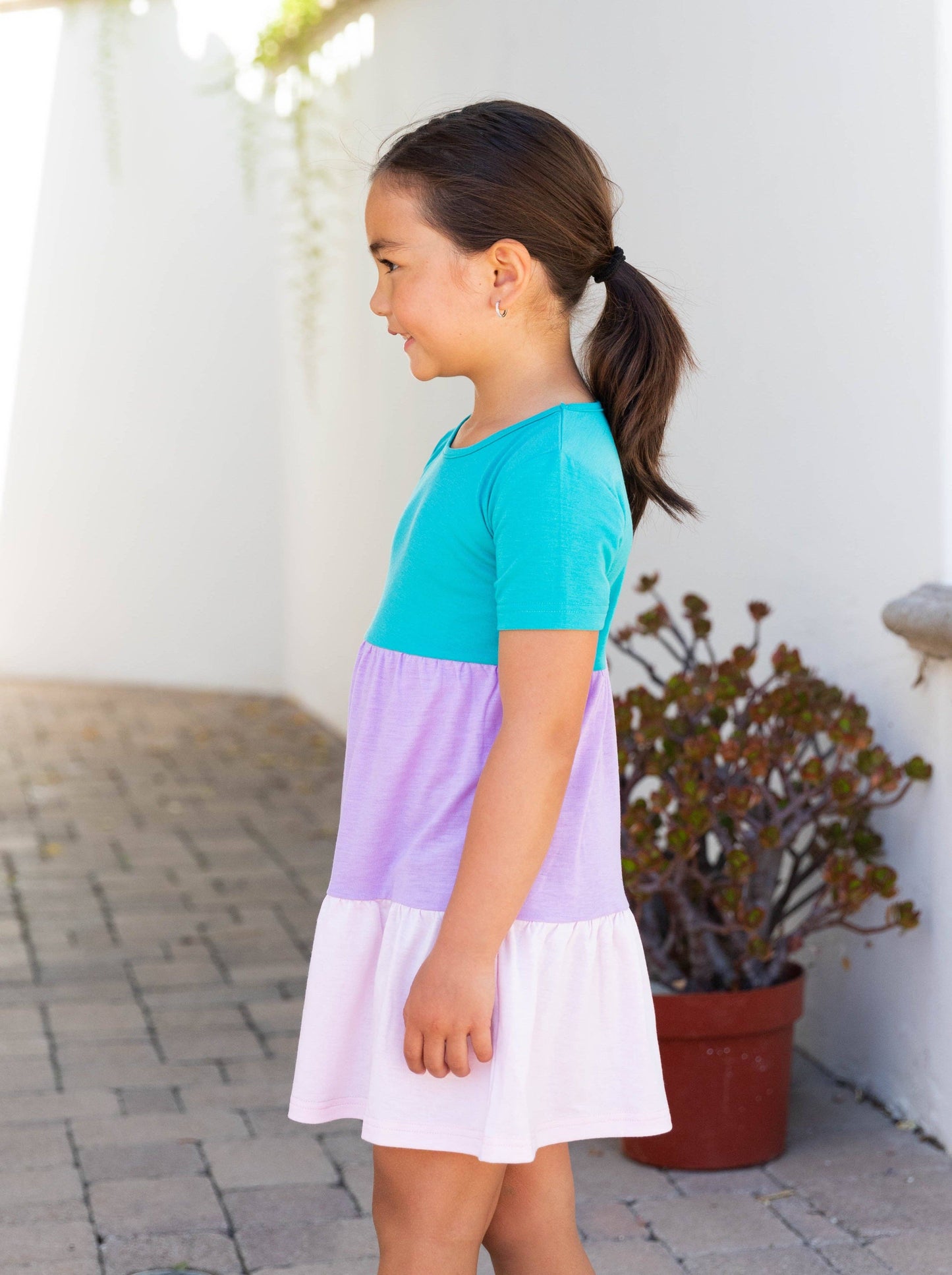 Colorblock Little Girls Dress: Teal / Purple / Pink / SMALL - 3-4Y