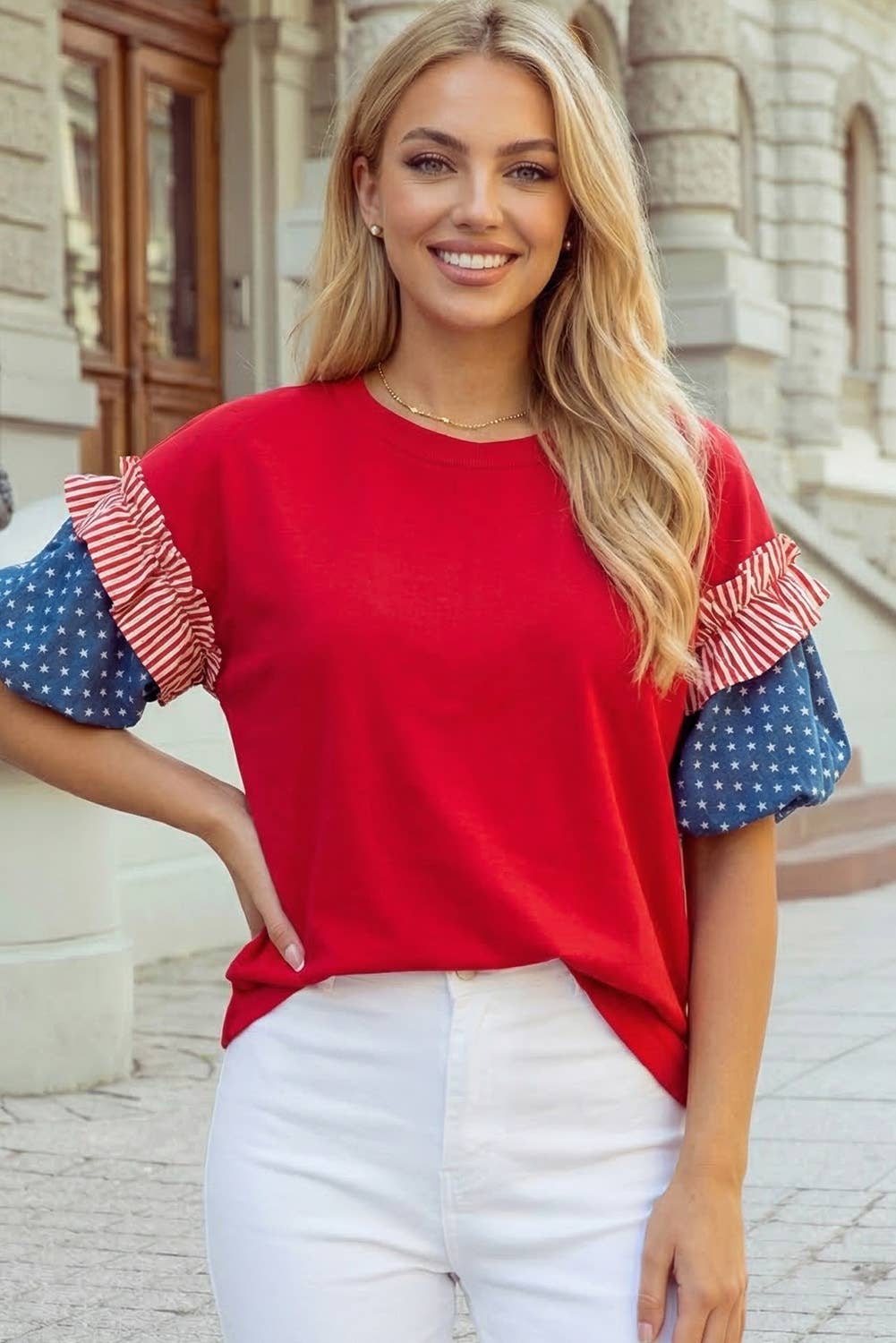 4th of July Stars Stripes Short Puff Sleeve Top S-4X: Fiery Red