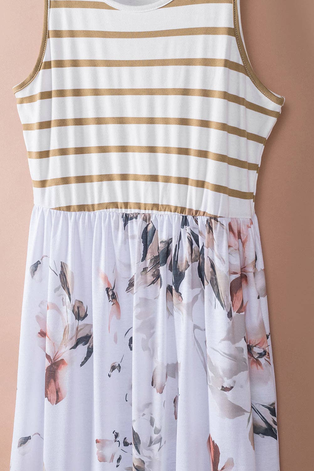 White Striped Floral Print Sleeveless Maxi Dress with Pocket: White / 95%Polyester+5%Elastane / M