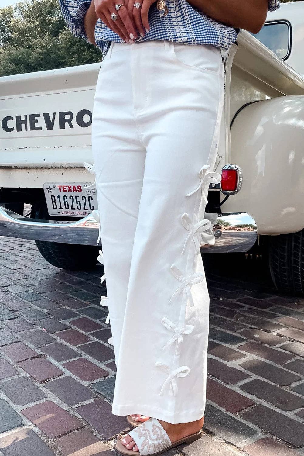 White Bow Knot Side Detail Straight Leg Loose Jeans: White / 98%Cotton+2%Elastane /