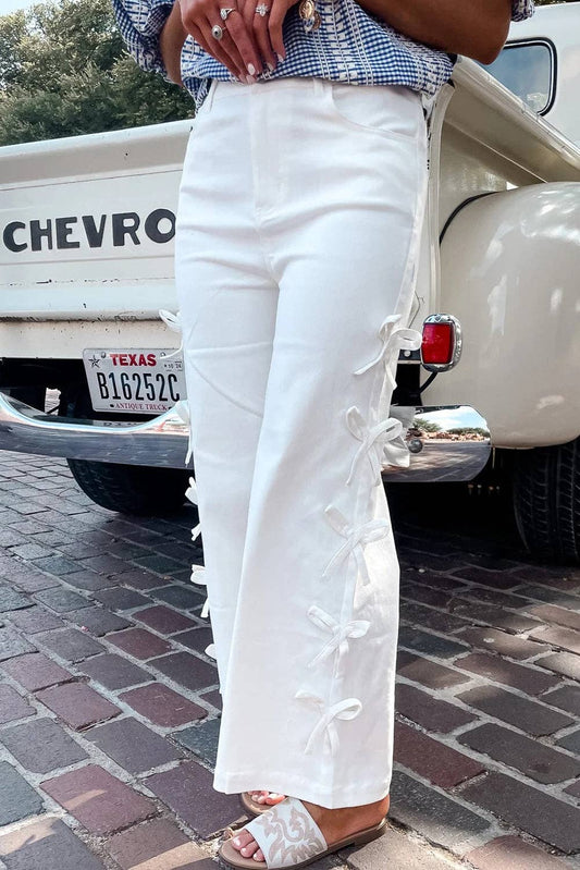 White Bow Knot Side Detail Straight Leg Loose Jeans: White / 98%Cotton+2%Elastane /