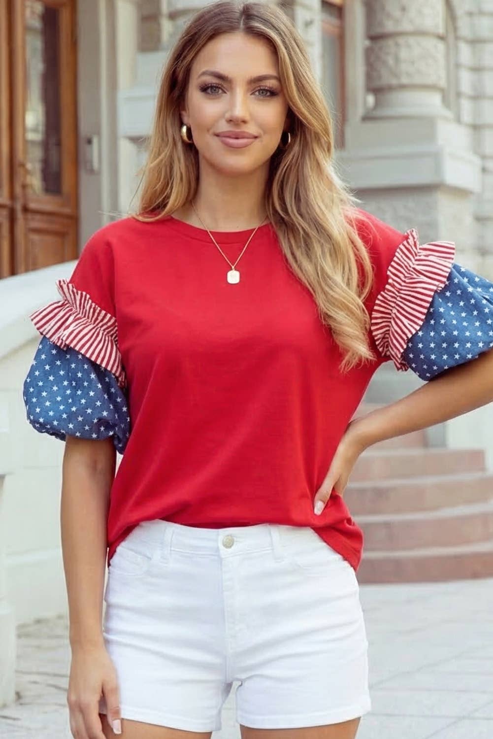 4th of July Stars Stripes Short Puff Sleeve Top S-4X: Fiery Red