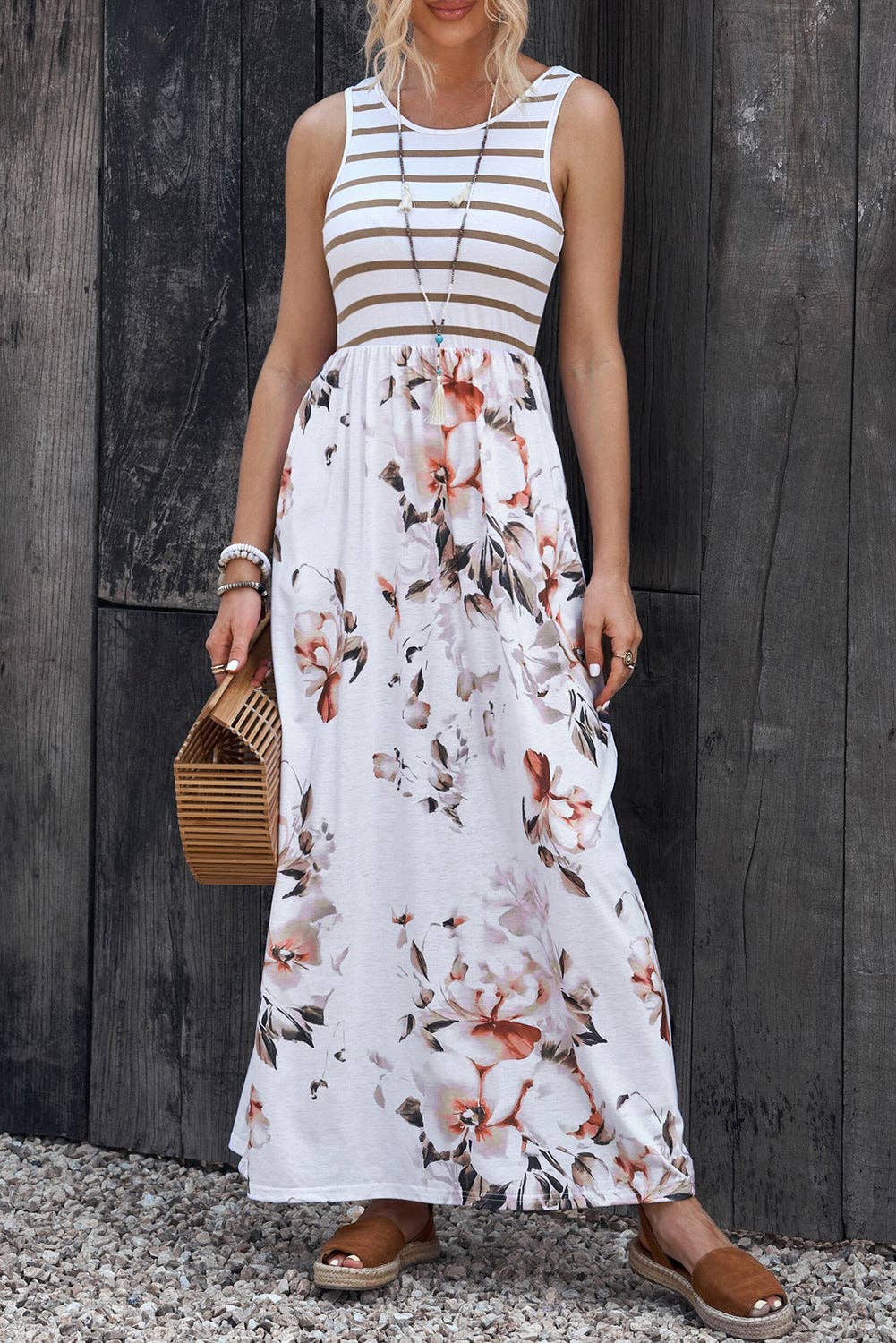 White Striped Floral Print Sleeveless Maxi Dress with Pocket: White / 95%Polyester+5%Elastane / M