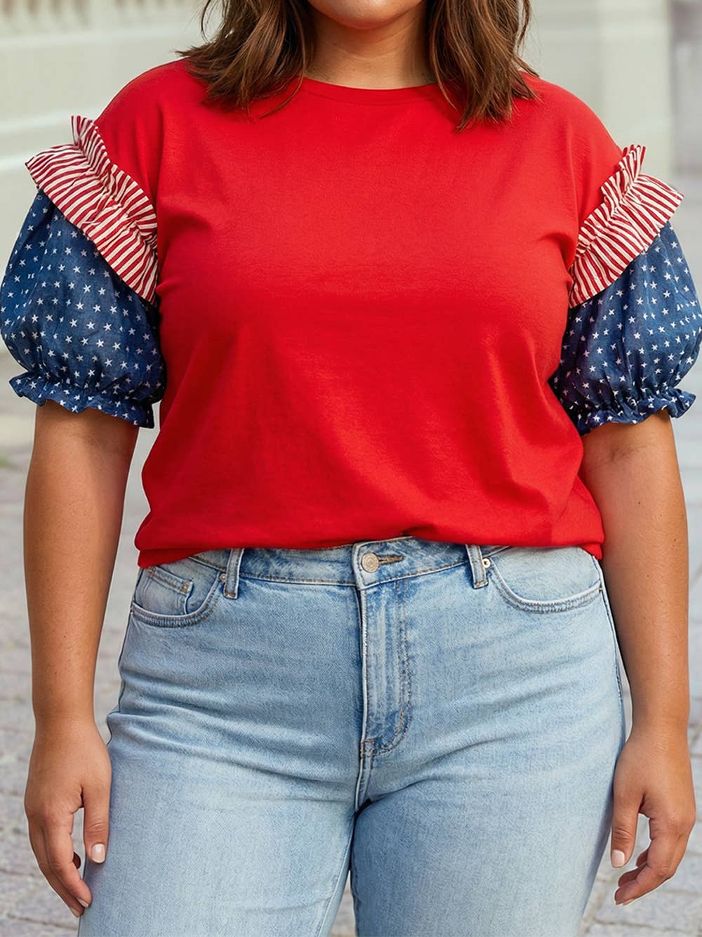 4th of July Stars Stripes Short Puff Sleeve Top S-4X: Fiery Red