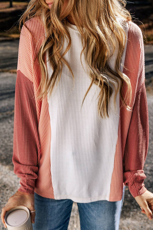 Color Block Corded Long Sleeve Top: Pale Chestnut /
