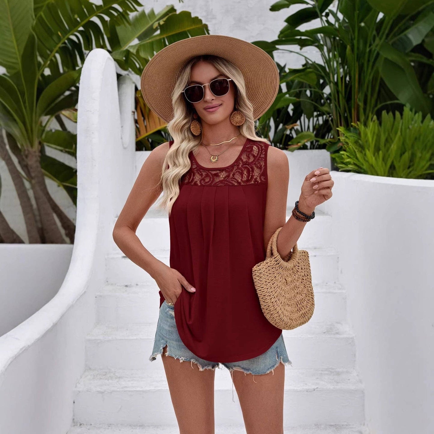 Women’s Lace Pleated Sleeveless Casual Tank Top: Burgundy / 20% Rayon 75% Polyester 5% Spandex /