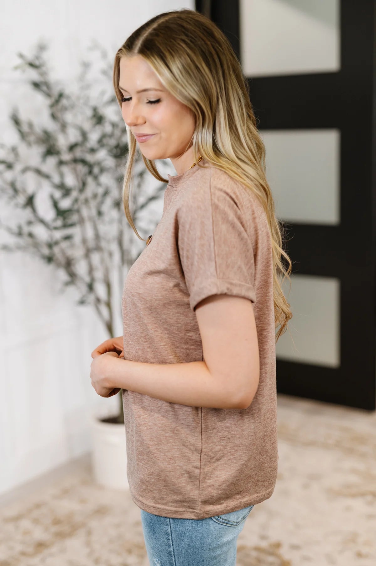 Henley top tan v-neck