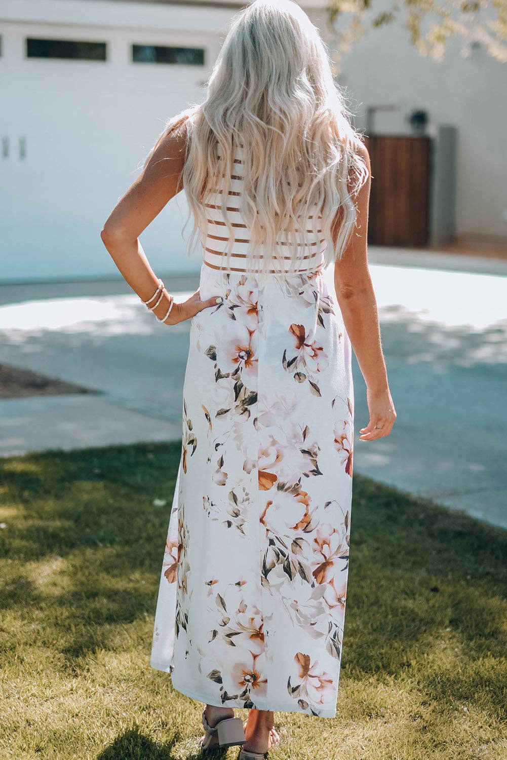 White Striped Floral Print Sleeveless Maxi Dress with Pocket: White / 95%Polyester+5%Elastane / M