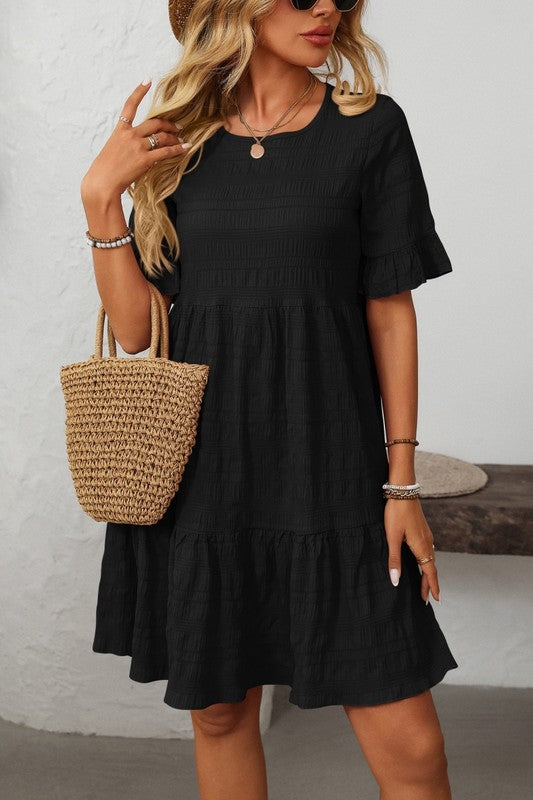RUFFLE SLEEVE A-LINE TIERED DRESS