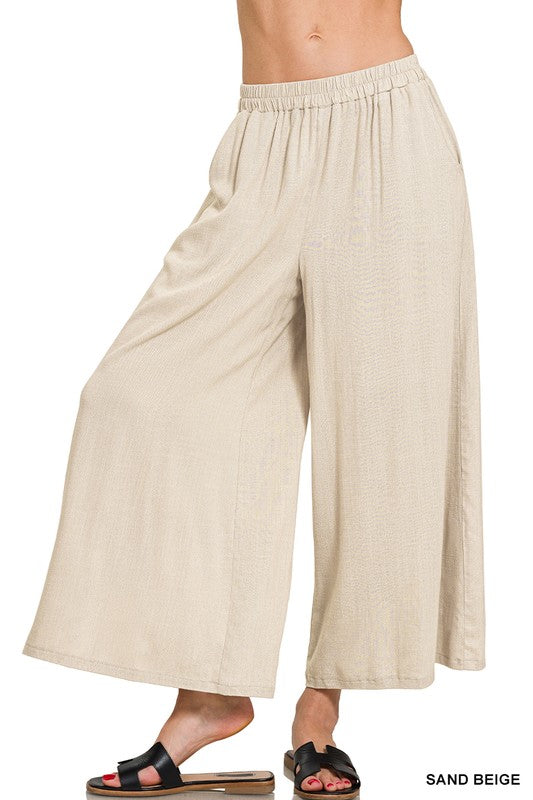 WOVEN ELASTIC BAND PANTS W/POCKETS