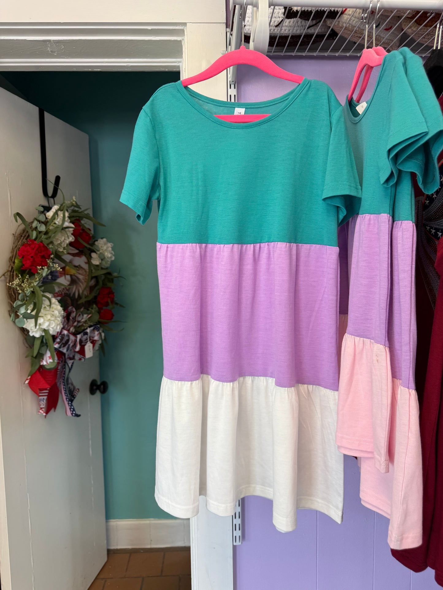 Colorblock Little Girls Dress: Teal / Purple / Pink / SMALL - 3-4Y