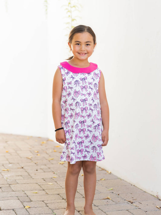 Contrast Collar Little Girl Dress: Black Outline Bows /