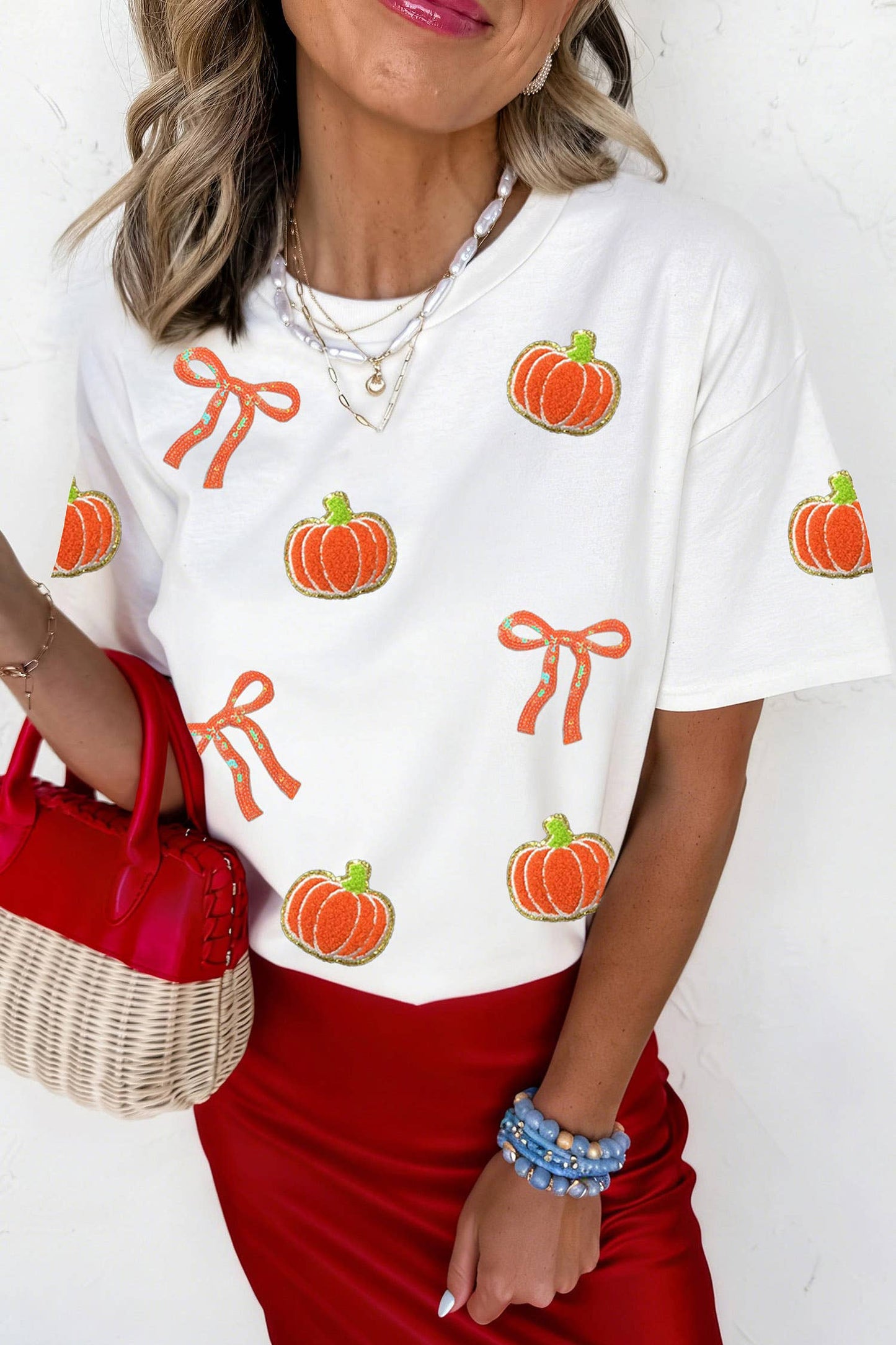 LDC Sequin Chenille Pumpkin Bow Pattern Casual Short T Shirt: White / S