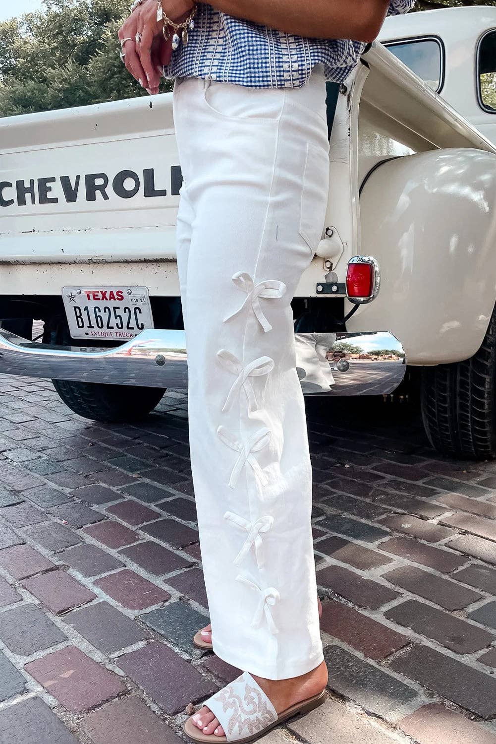 White Bow Knot Side Detail Straight Leg Loose Jeans: White / 98%Cotton+2%Elastane /