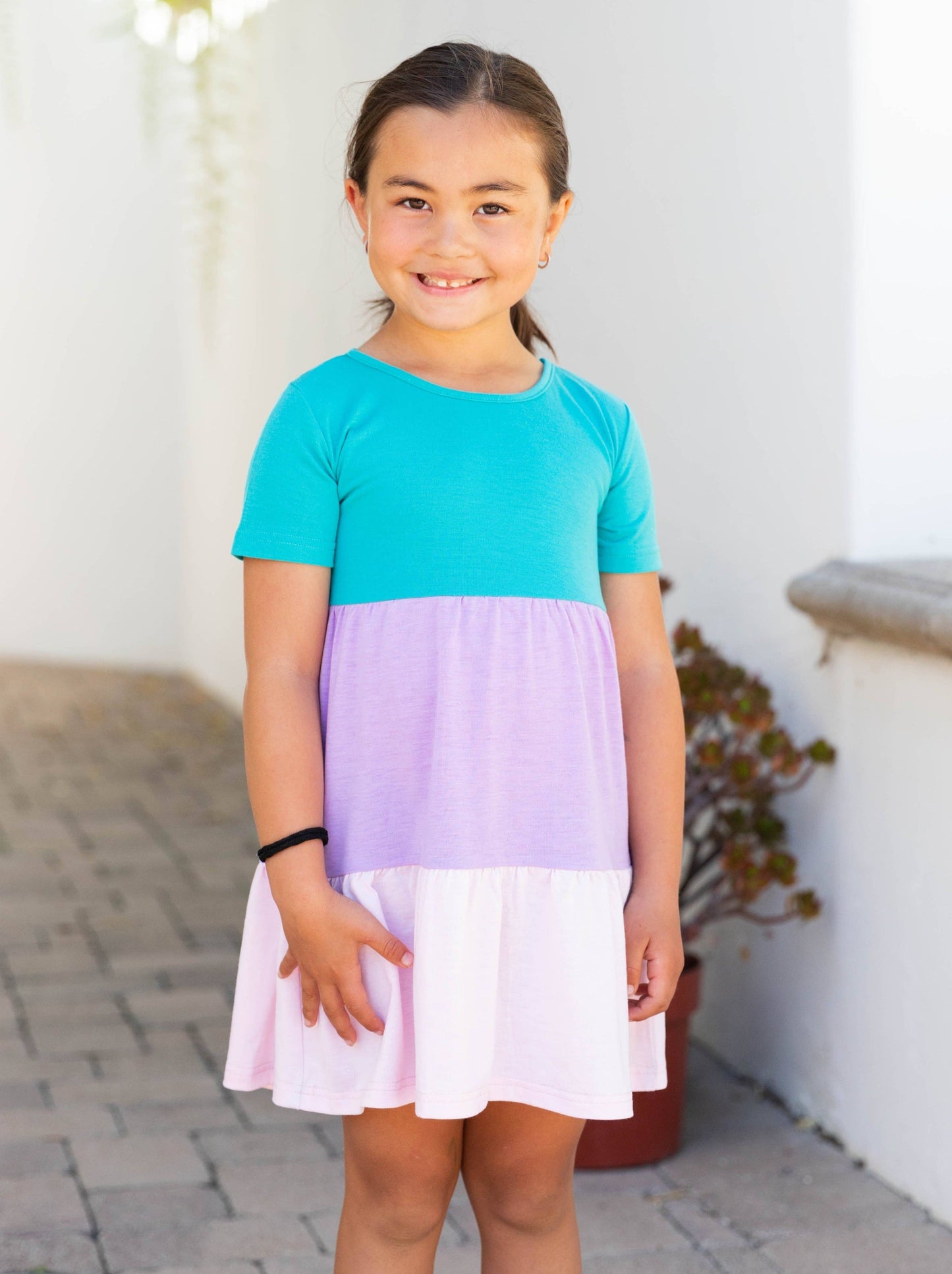 Colorblock Little Girls Dress: Teal / Purple / Pink / SMALL - 3-4Y