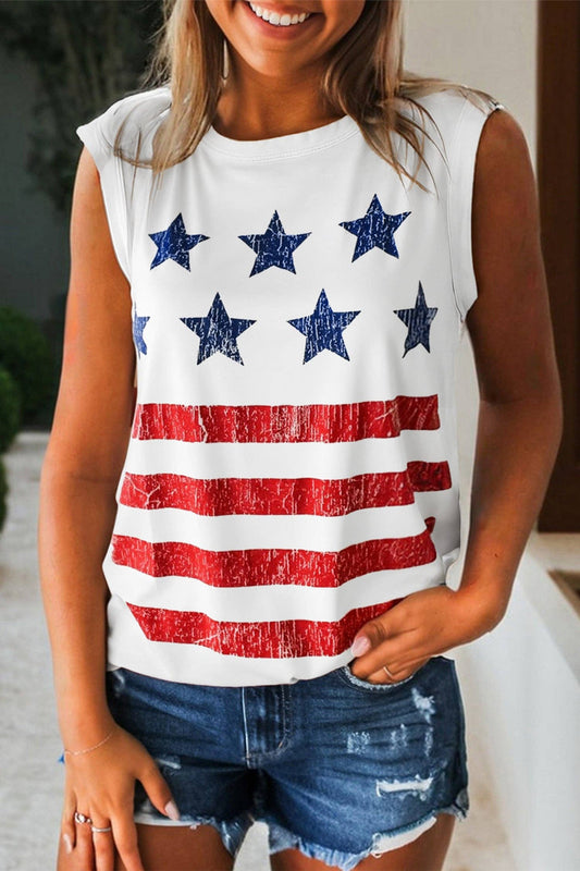 White Vintage Stars and Stripes Printed Casual Tank Top: White / 95%Polyester+5%Elastane /
