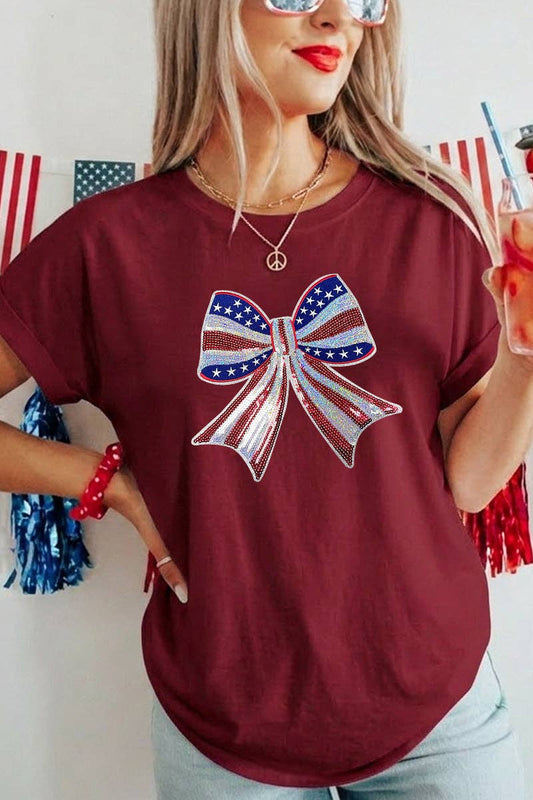 4th of July Bow Graphic Tee Women Patriotic Top: Red / 65%Rayon+30%Polyester+5%Spandex /
