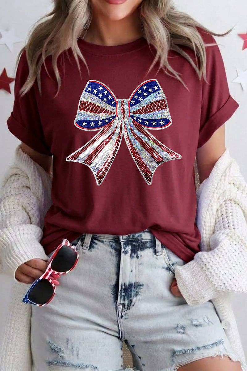 4th of July Bow Graphic Tee Women Patriotic Top: Red / 65%Rayon+30%Polyester+5%Spandex /