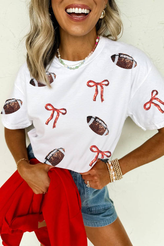 LDC Sequins Game Day Round Neck Short Sleeve T-Shirts: White / L