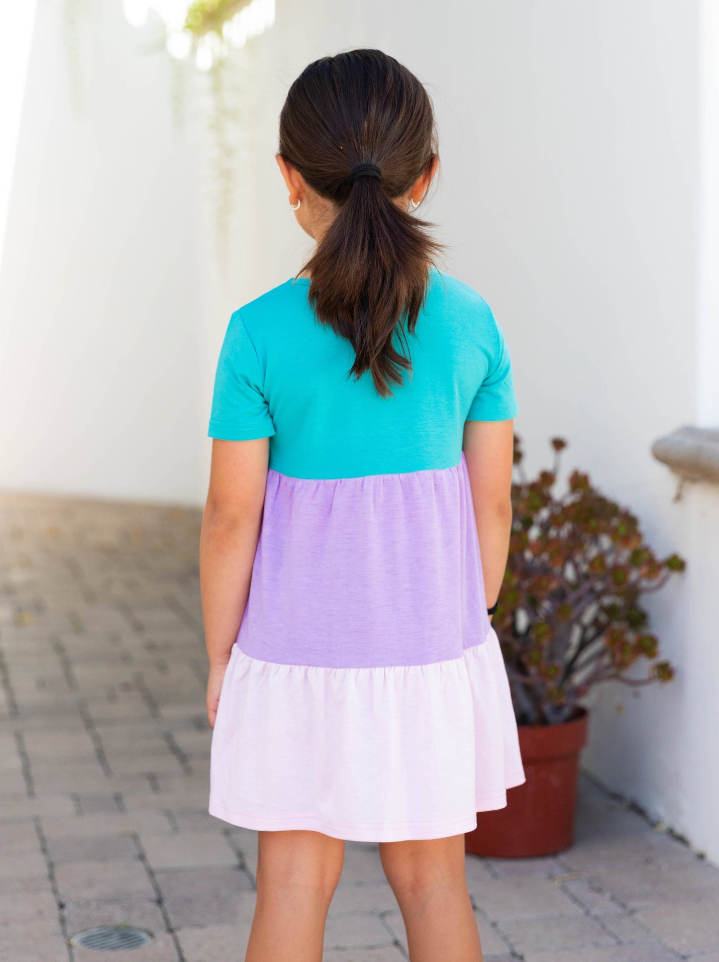 Colorblock Little Girls Dress: Teal / Purple / Pink / SMALL - 3-4Y