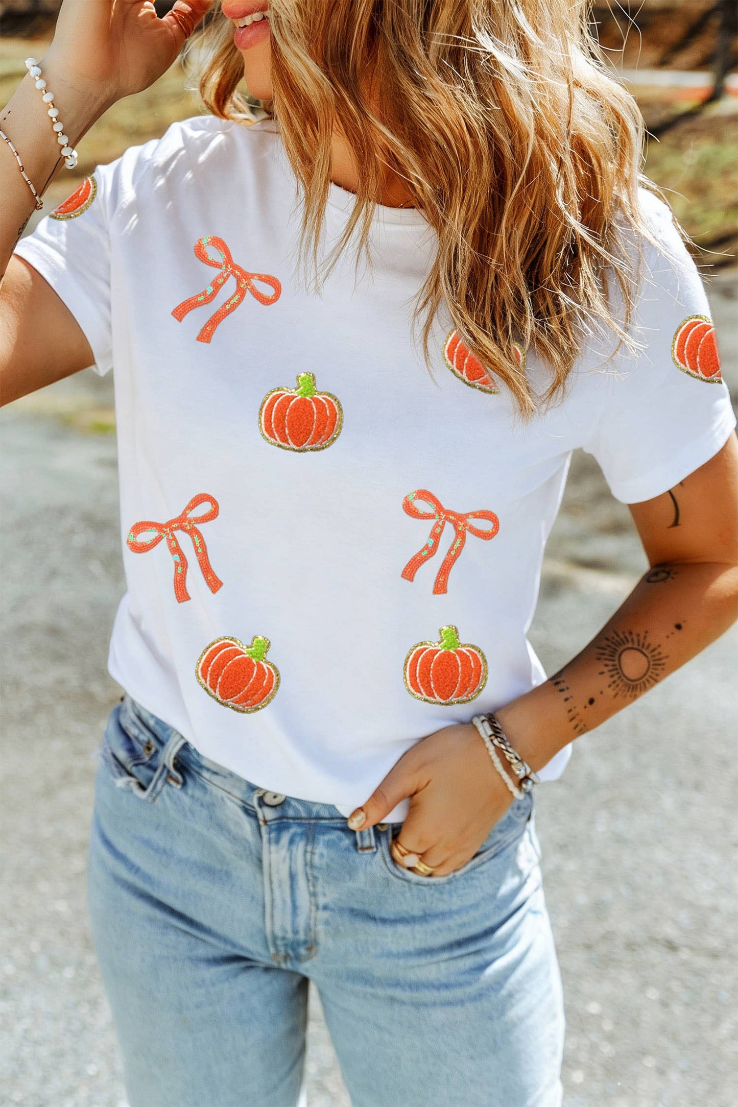 LDC Sequin Chenille Pumpkin Bow Pattern Casual Short T Shirt: White / S