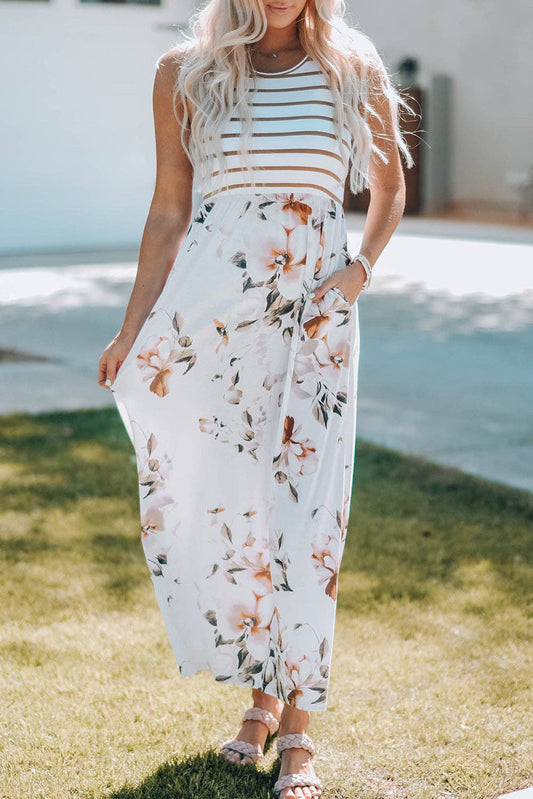 White Striped Floral Print Sleeveless Maxi Dress with Pocket: White / 95%Polyester+5%Elastane / M
