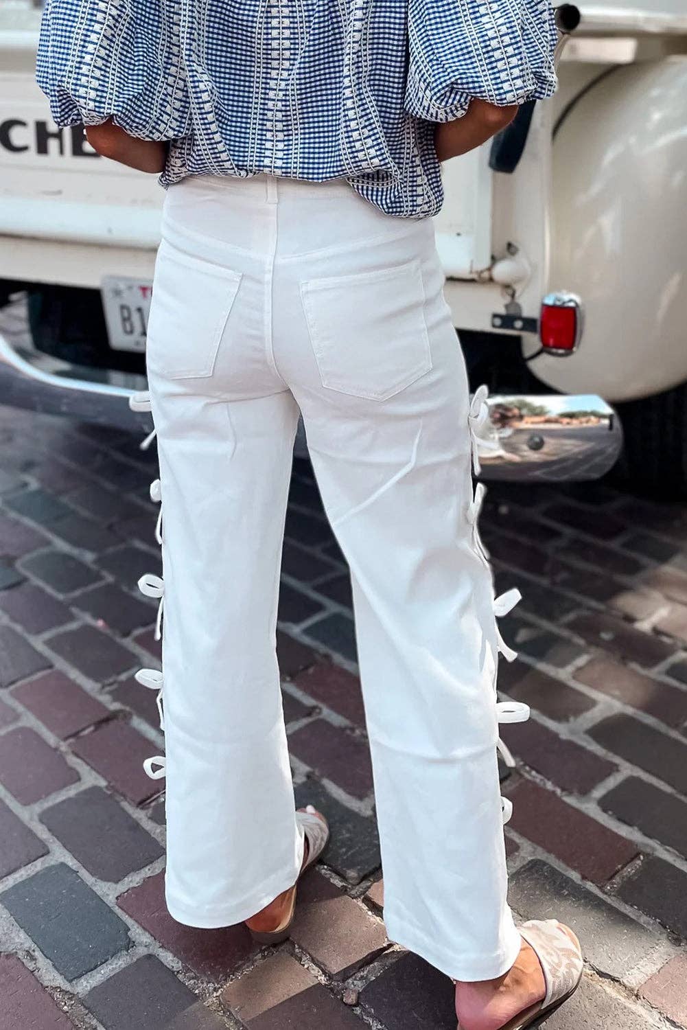 White Bow Knot Side Detail Straight Leg Loose Jeans: White / 98%Cotton+2%Elastane /