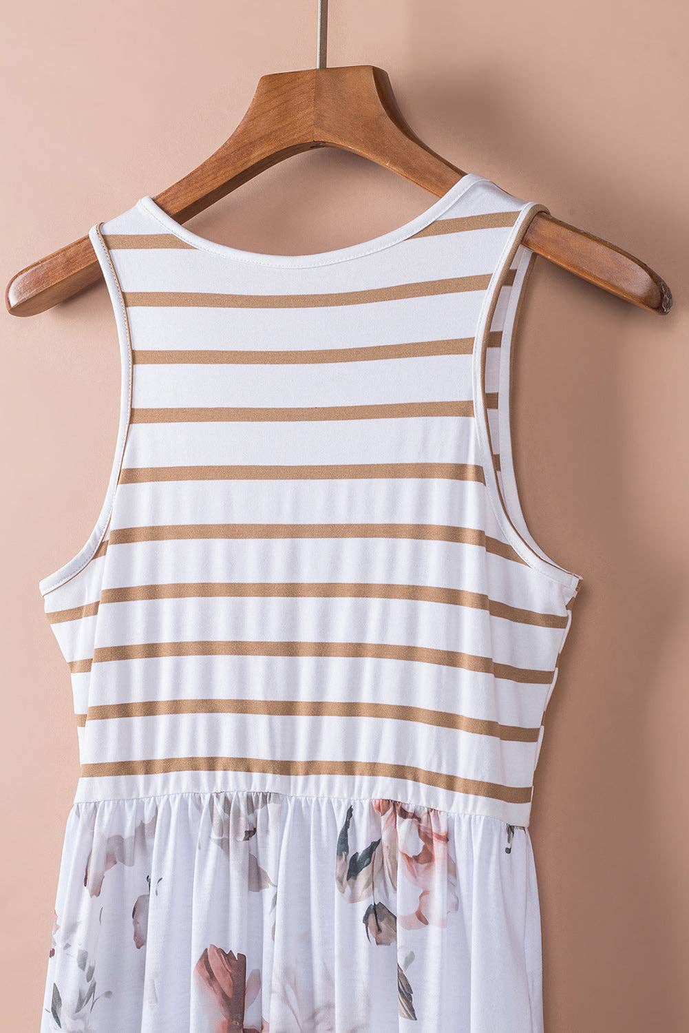 White Striped Floral Print Sleeveless Maxi Dress with Pocket: White / 95%Polyester+5%Elastane / M