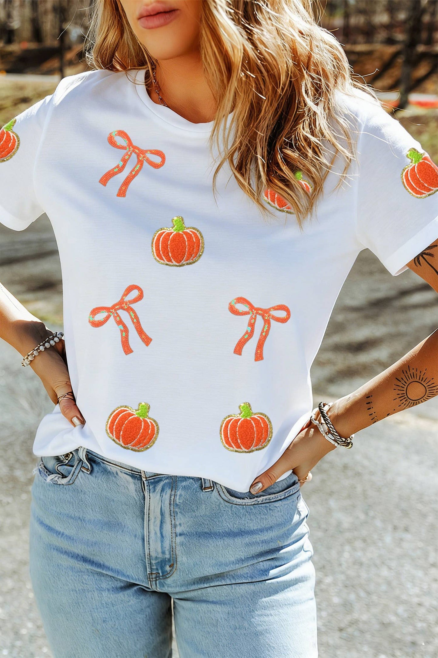 LDC Sequin Chenille Pumpkin Bow Pattern Casual Short T Shirt: White / S